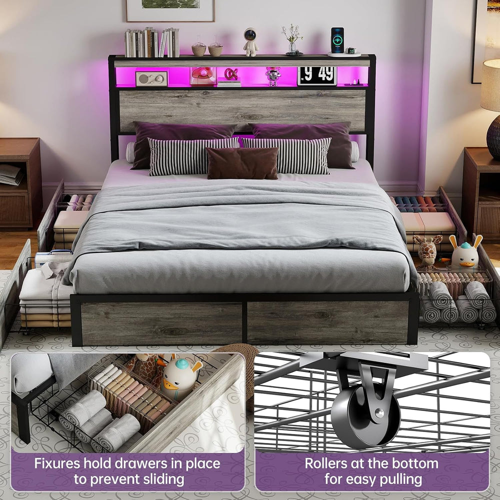 Full Size Bed Frame with LED Light Headboard and 4 Storage Drawers