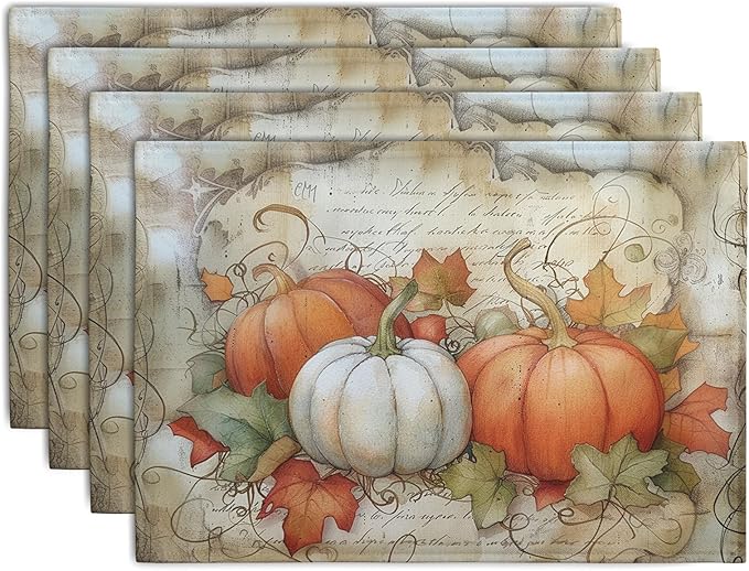 Fall Pumpkin Maple Leaf Placemats Set of 4, 12x18 Inch Vintage Autumn Harvest by Wnoesat