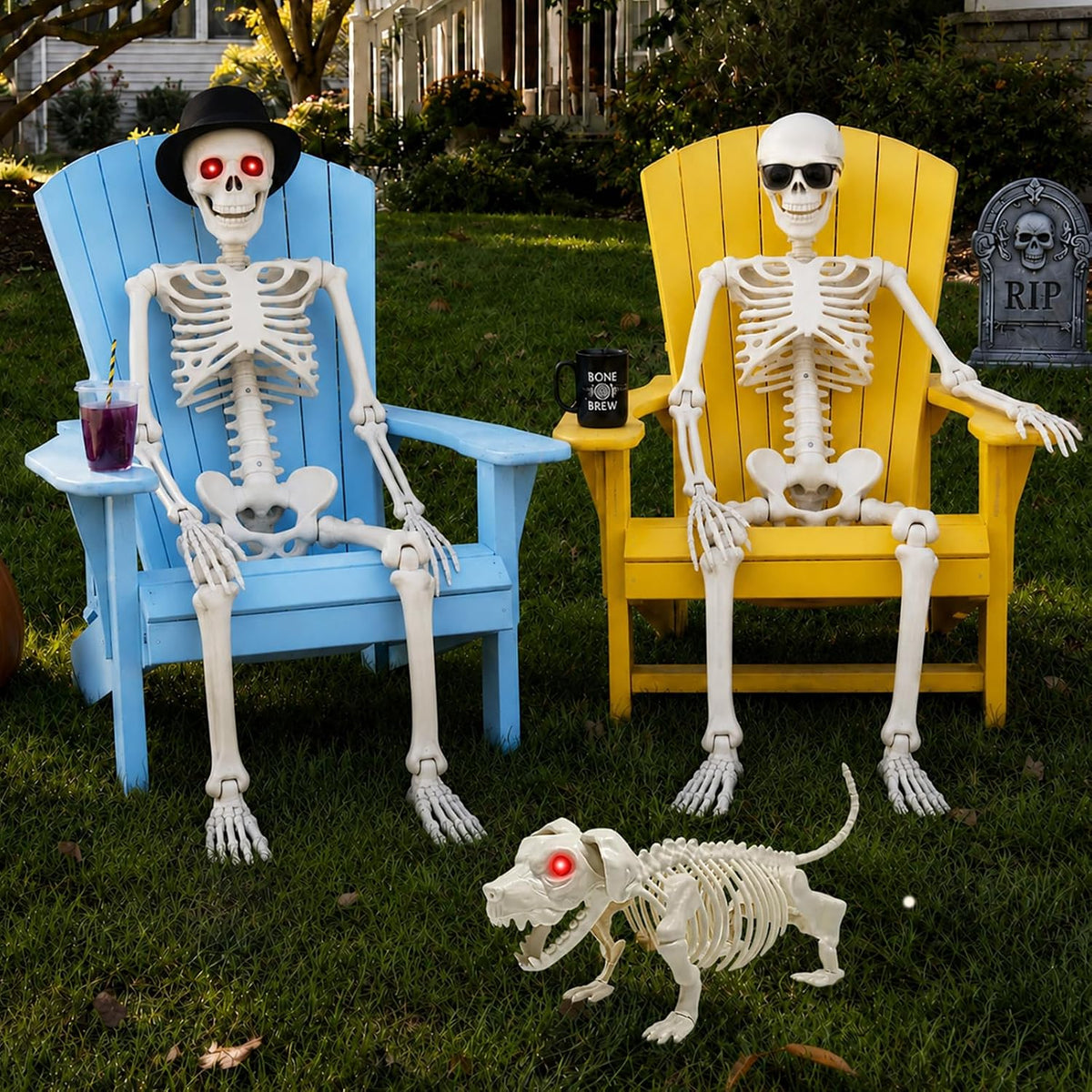 36'' Halloween Skeleton Decoration with Dog: Posable Skeleton Glowing Eyes