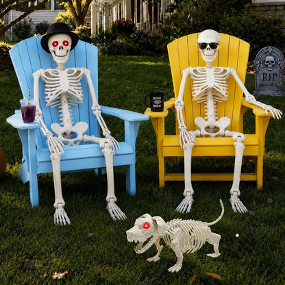 36'' Halloween Skeleton Decoration with Dog: Posable Skeleton Glowing Eyes