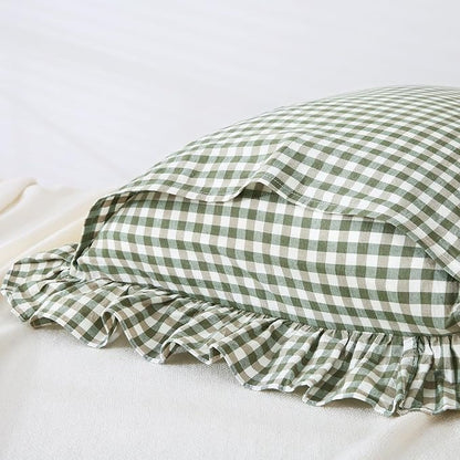 Green Plaid Ruffle King Size Pillow Shams 20"x36", 2 Pack Washed Cotton - Image 4
