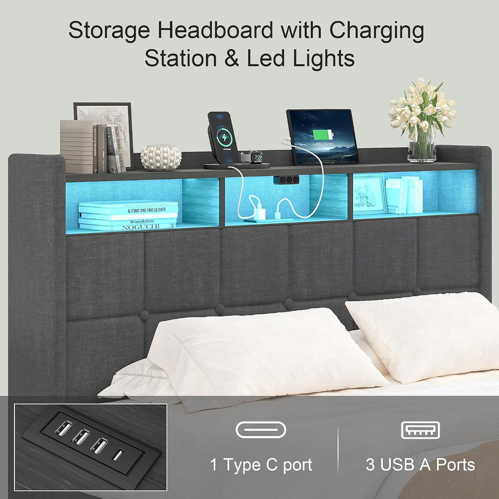VECELO Full Size Lift Up Storage Bed, Upholstered Platform Bed Frame with Sma...