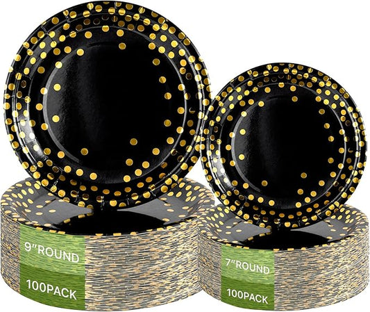 Lullaby 200PCS Black Paper Plates, Black and Gold Paper Plate, 100pcs Dinner Plates 9"，100pcs Dessert Plates 7", Disposable Graduation Plates with Golden Dot for Birthday party, Halloween