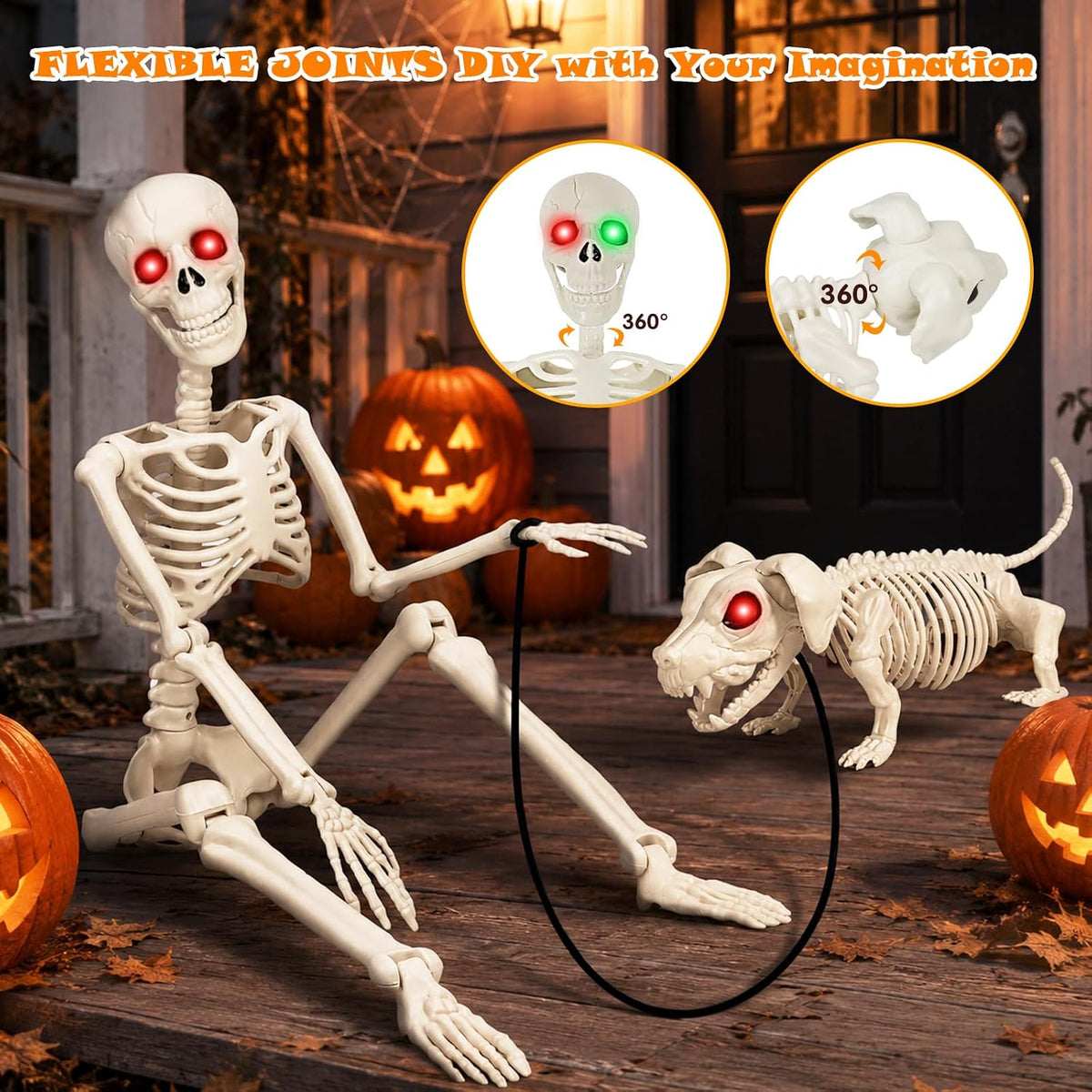 36'' Halloween Skeleton Decoration with Dog: Posable Skeleton Glowing Eyes