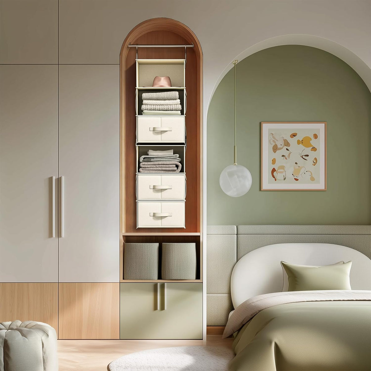 6-shelf hanging closet organizer with 3 drawers, 2-in-1 shown in use