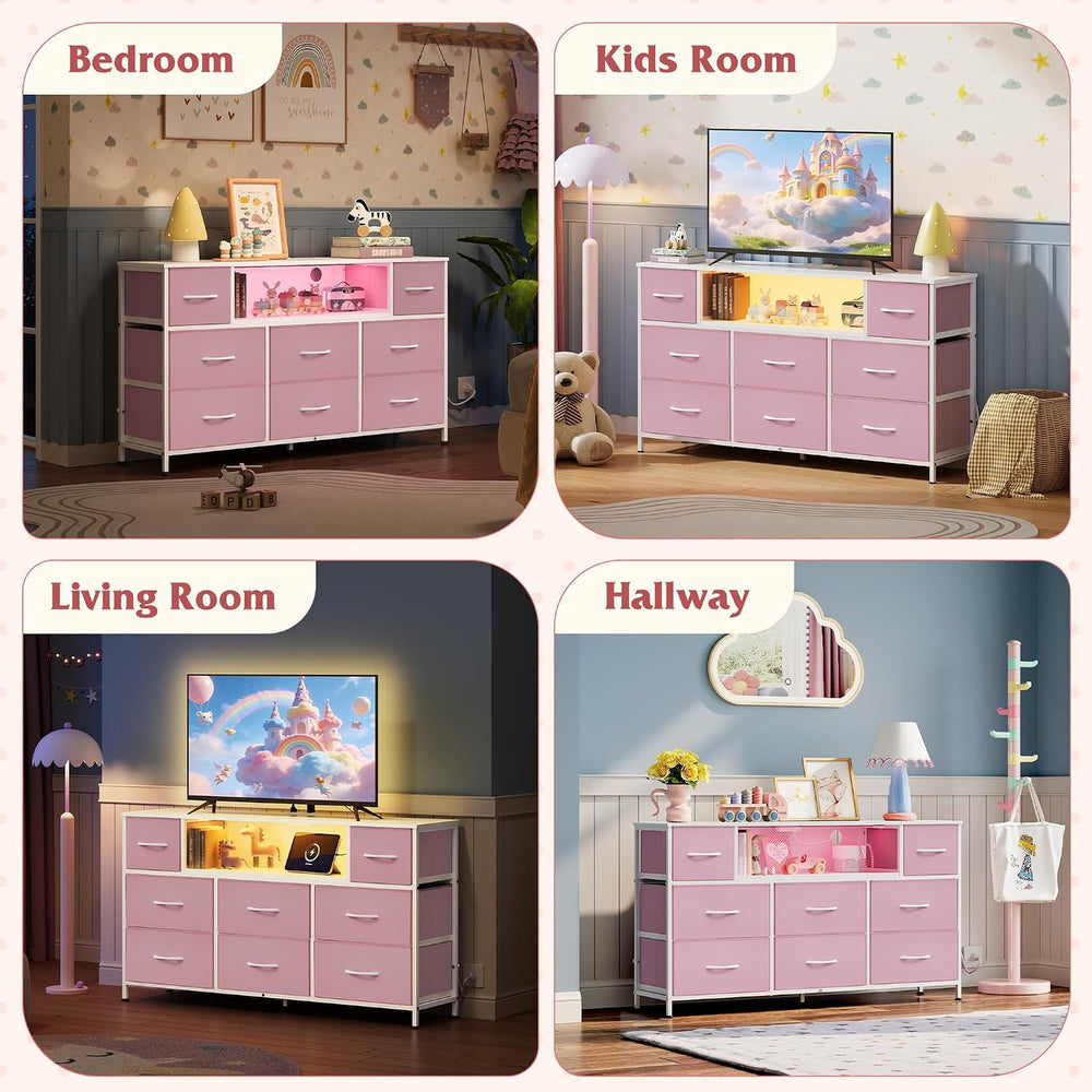 WLIVE LED Dresser TV Stand for 55 Inch TV, 8 Fabric Drawers, Pink Dresser