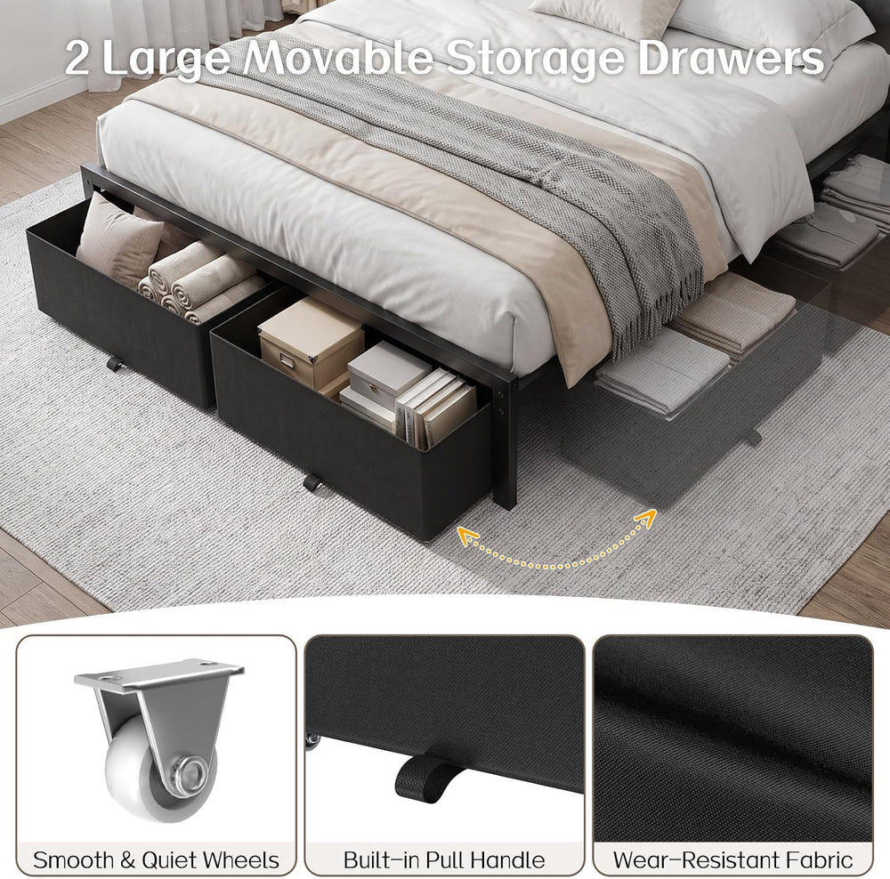 Queen Size Bed Frame with 2 Storage Drawers & Upholstered Headboard