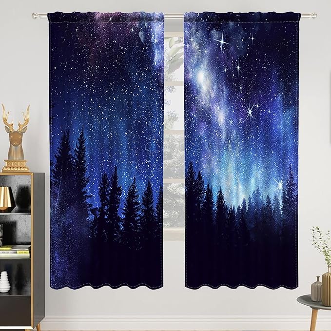 Renaiss 26 x 63 Inch Starry Night Sky Blackout Curtains Twinkle Star Forests by Renaiss