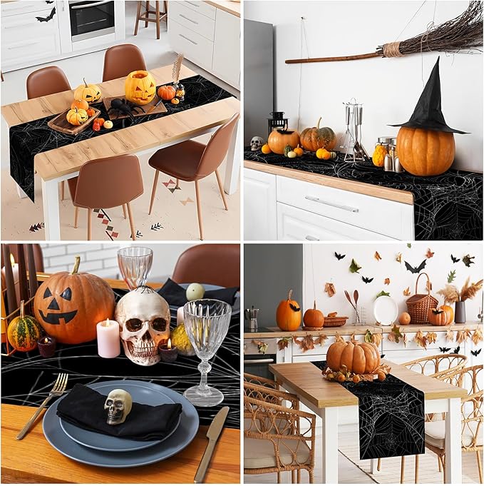 Happy Halloween Table Runner Horror Black Spider Web Kitchen Dining Table - Image 5