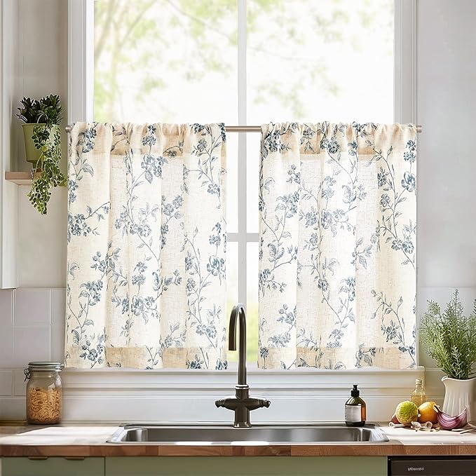 jinchan Floral Kitchen Curtains 30 Inch Linen Tier Curtains Farmhouse Cafe Half by JINCHAN