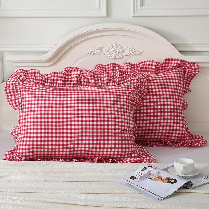 Red/White Plaid Pillow Shams Standard Size Set of 2, Shabby Checkered Washed by Mywinlle