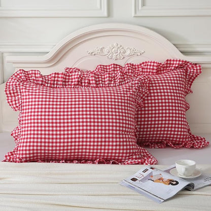 Red/White Plaid Pillow Shams Standard Size Set of 2, Shabby Checkered Washed by Mywinlle