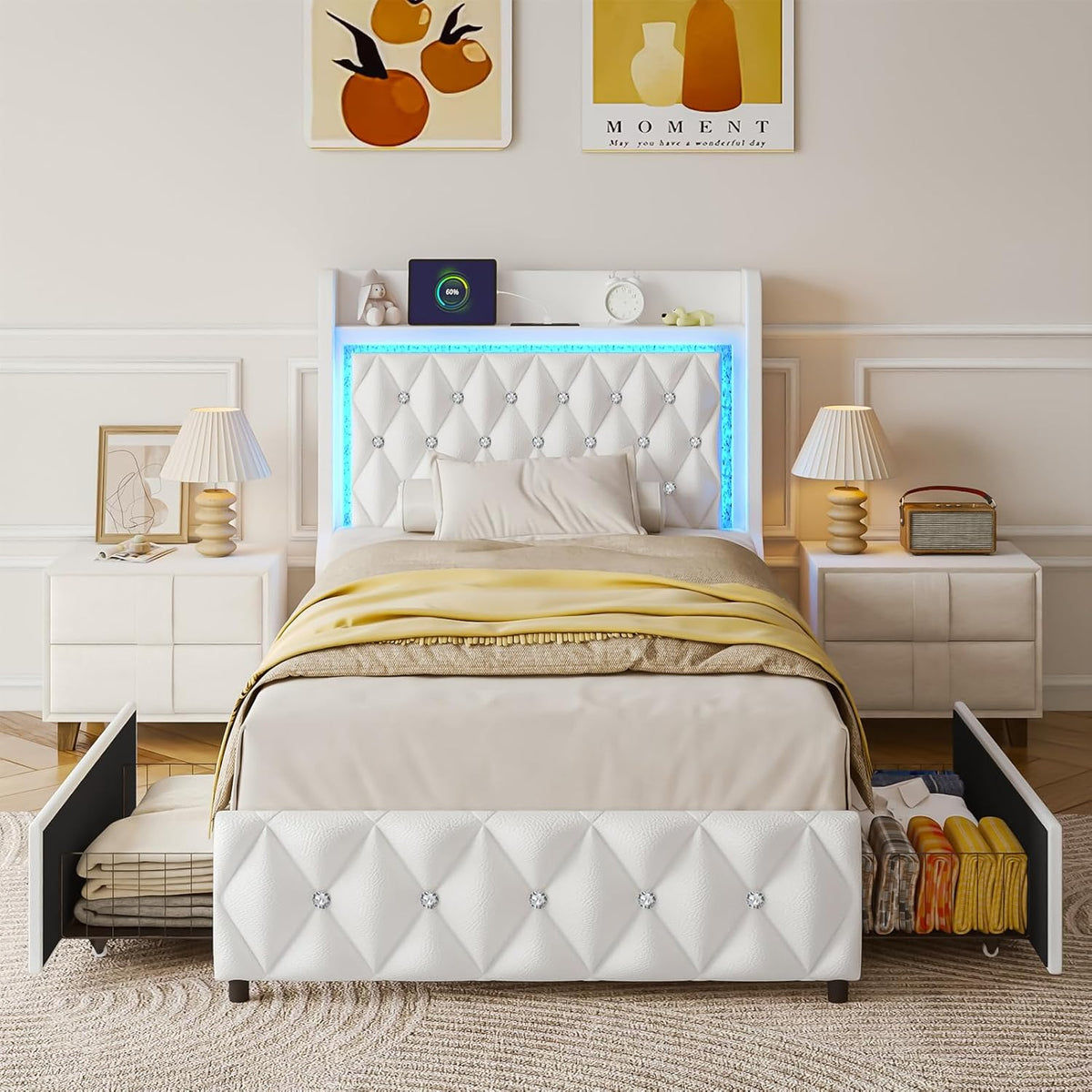 twin bed frame with led lights & charging shown in use