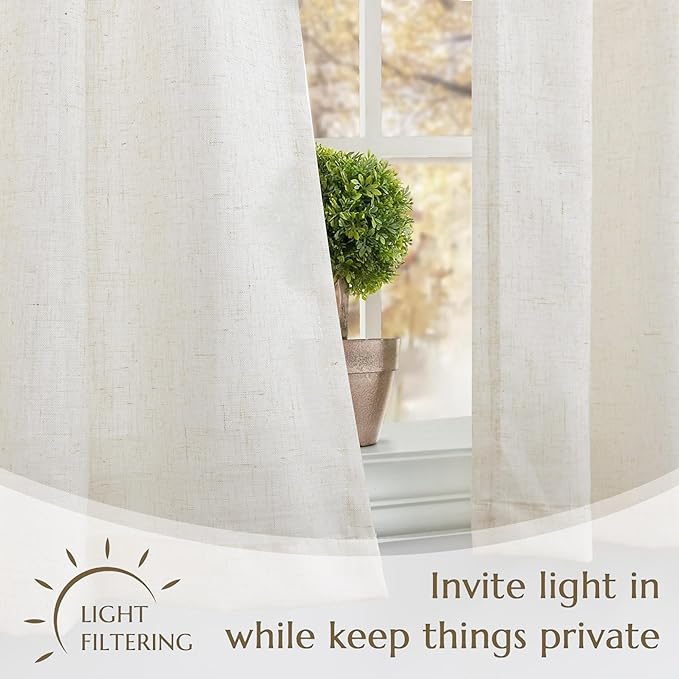 Pinch Pleated Cream Linen Kitchen Curtain 24 Inch Length 2 Panel Set Modern - Image 4