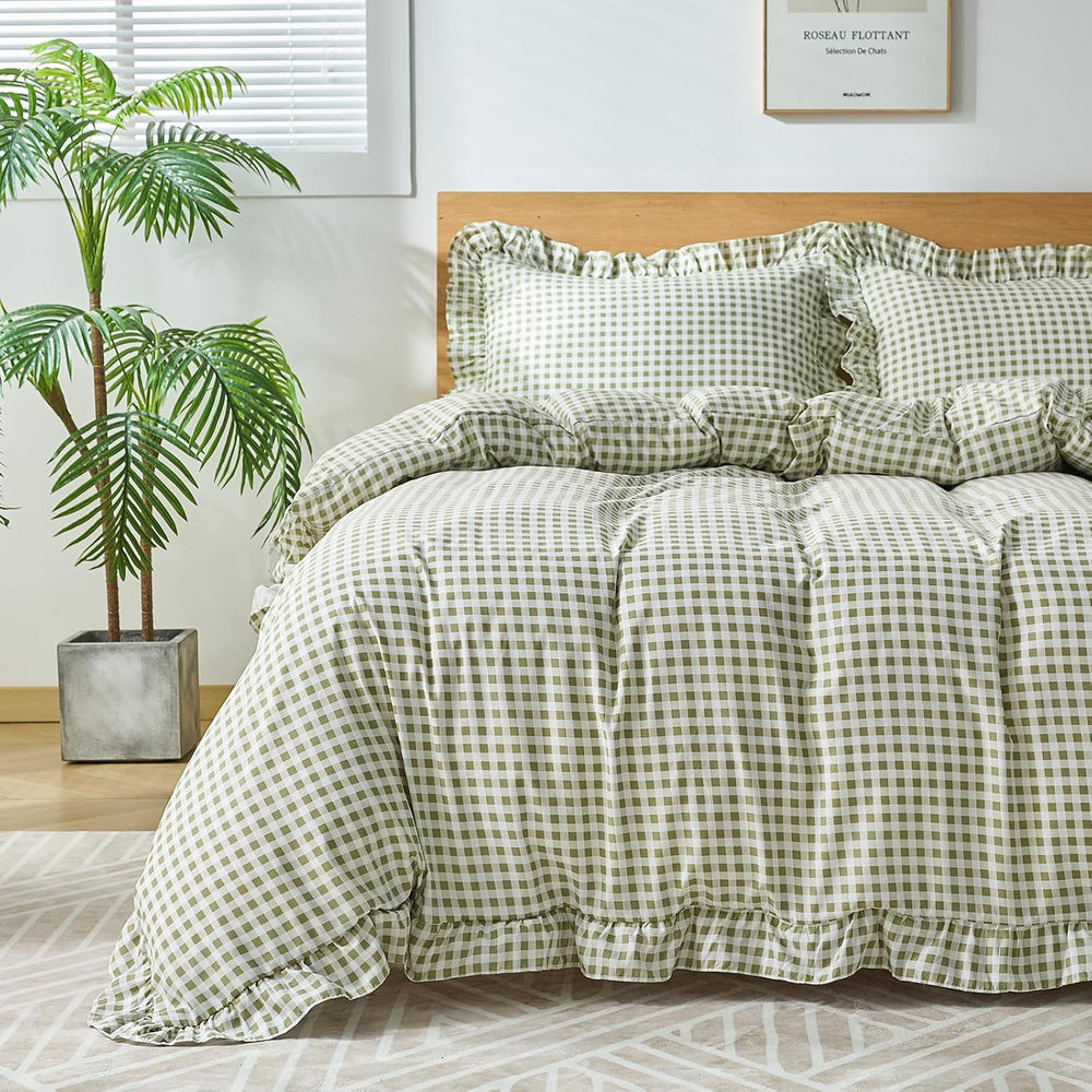Gingham Duvet Cover Queen Size, 3 Pieces Soft Breathable Microfiber Plaid Duv...