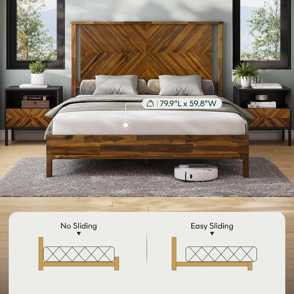 Bme Vivian 14 Inch Queen Size Bed Frame with Headboard, Rustic & Scandina...