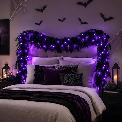 N&T NIETING 9FT Black Halloween Pre-Lit Garland with 70 LED Lights Real Touch Artificial Norfolk Pine Garlands for Table Fireplace Holiday Indoor Outdoor Halloween Decorations (1 Pcs)