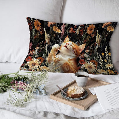 Boho Moody Floral Orange Cat Pillow Covers 12x20 Set of 2, Cat Mom Lady Lovers - Image 6