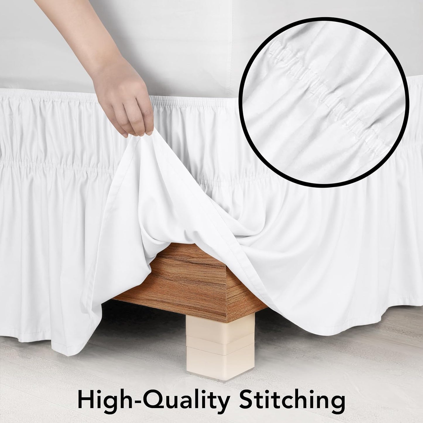 Wrap Around Ruffle Queen Size Bed Skirt – Adjustable Buckle & Elastic Belt for Easy Installation, 16 Inch Drop – Brushed Microfiber - Machine Washable, Fade and Wrinkle Resistant, White