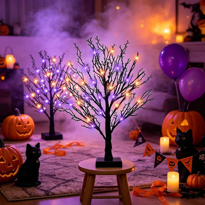 Halloween Decor Indoor, 2 Pack 24 Inch Black Halloween Tree Set, 48 Orange & Purple LED Lights, USB & Battery Powered Tabletop Spooky Twig Trees with 6H Timer, Creepy Halloween Decorations for Mantels