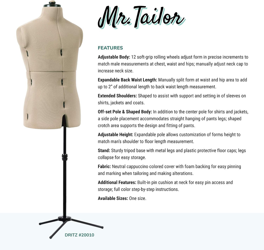Dritz Mr. Tailor Adjustable Dress Form, Men Size US M-XL