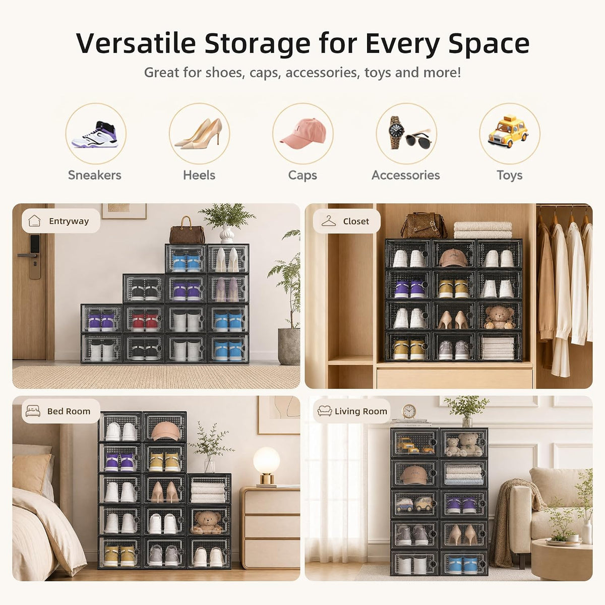 kuject x-large shoe storage boxes 12 pack, clear, front angle view