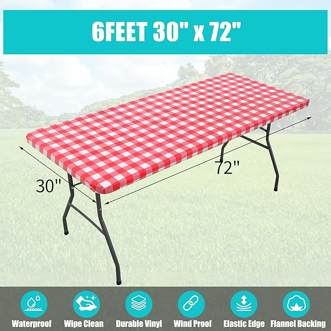 Smiry Rectangle Picnic Table Cloth, Elastic Waterproof Fitted Vinyl Tablecloths - Image 6