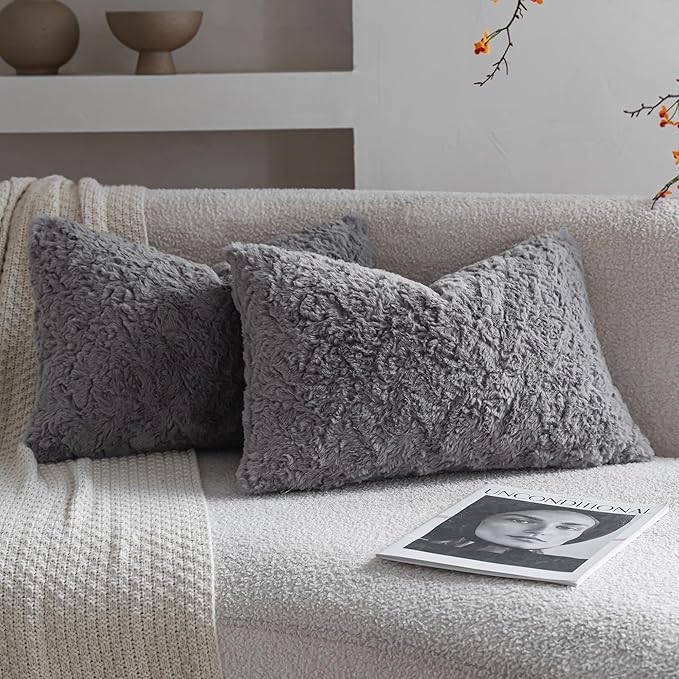 Neelvin Set of 2 Faux Fur Throw Pillow Covers 12x20 Inch Darkgrey Cozy Soft by Neelvin