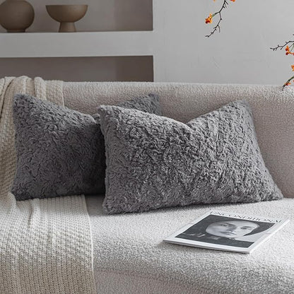 Neelvin Set of 2 Faux Fur Throw Pillow Covers 12x20 Inch Darkgrey Cozy Soft by Neelvin