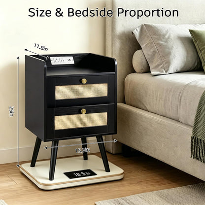 rattan nightstands set of 2, boho bedside table, close-up detail