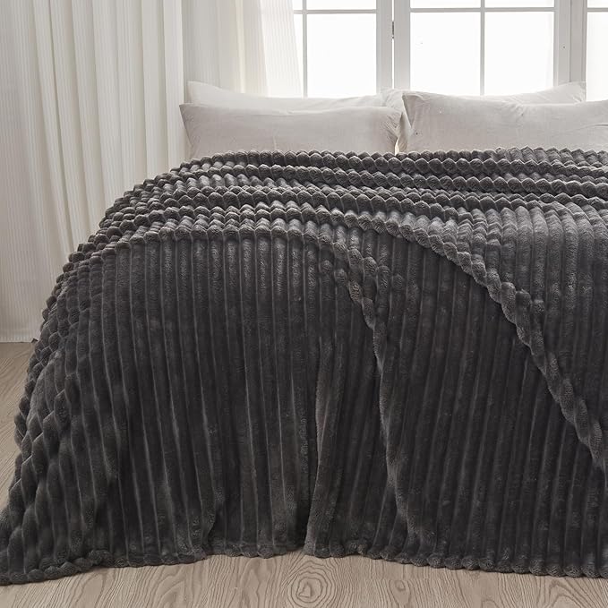 NEWCOSPLAY Super Soft King Blanket Grey Premium Silky Flannel Fleece 3D Ribbed by NEWCOSPLAY