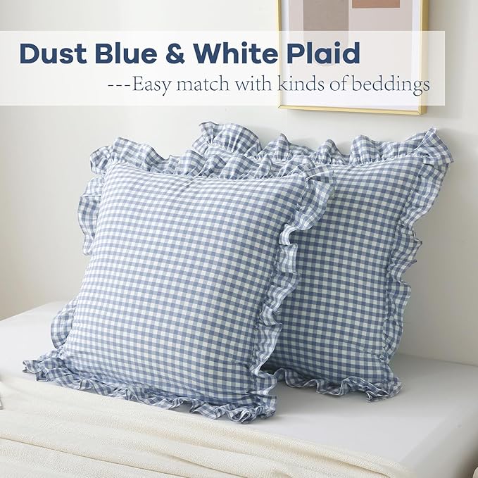 2 Pack Dust Blue White Plaid Ruffle Euro Throw Pillow Covers, 100% Cotton - Image 3