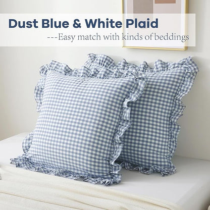2 Pack Dust Blue White Plaid Ruffle Euro Throw Pillow Covers, 100% Cotton - Image 3
