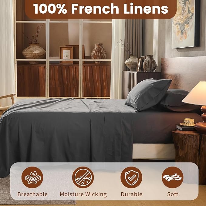 100% Linen Sheets King Size, Breathable & Durable 4-Piece Bed Flax Sheet Set - Image 2