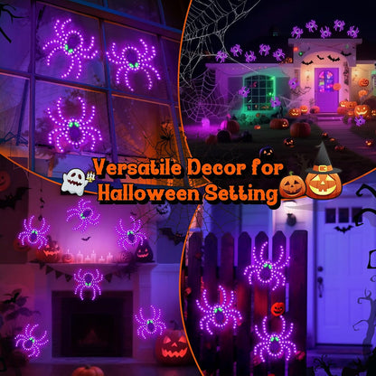 3 Pack 9" Halloween Classics Twinkling LED Spiders, Hi-Vibrant Aluminum Frame Spiders Window Silhouette Lights, 234 Purple and 12 Green LED Lights, Holiday Indoor Outdoor Decoration