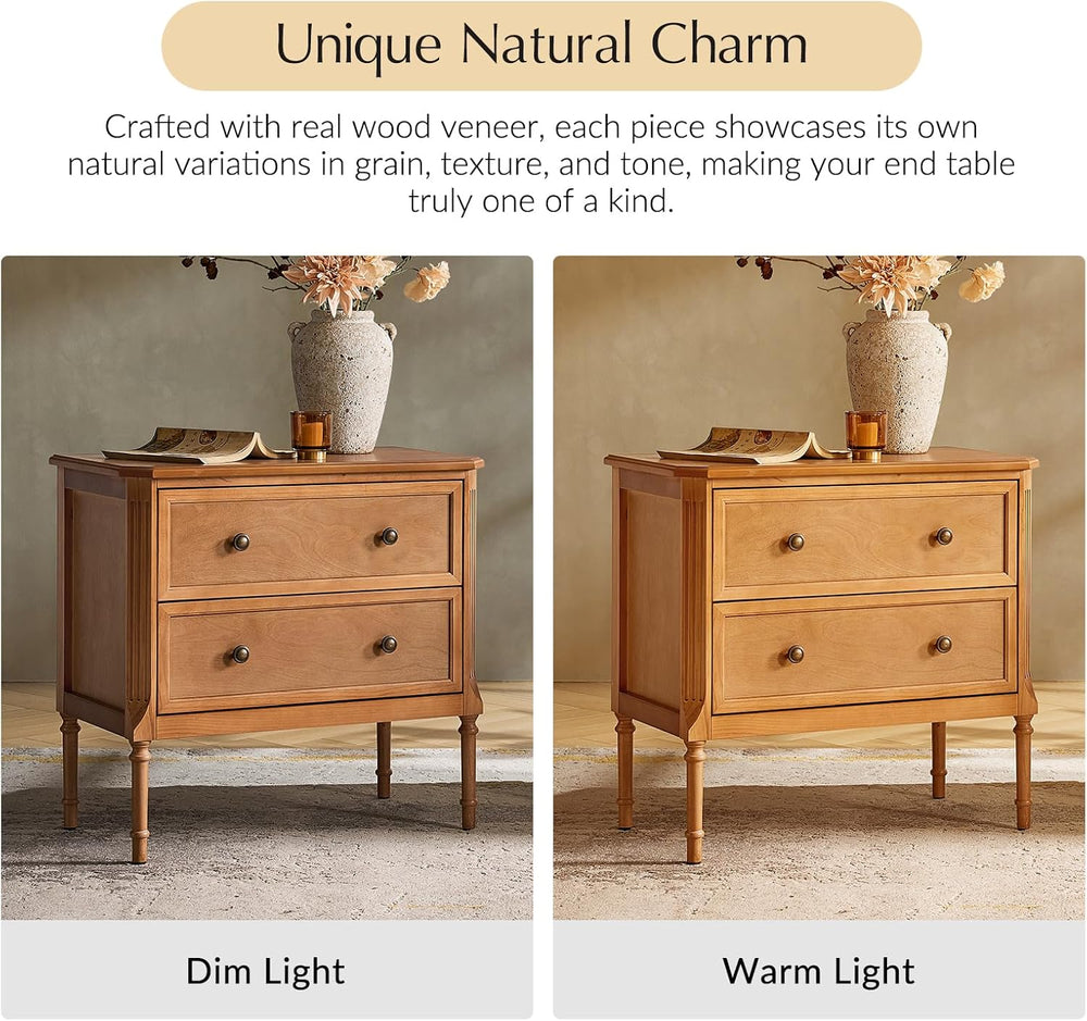 HULALA HOME Solid Wood End Table with Charging Station, Teak, Set of 2