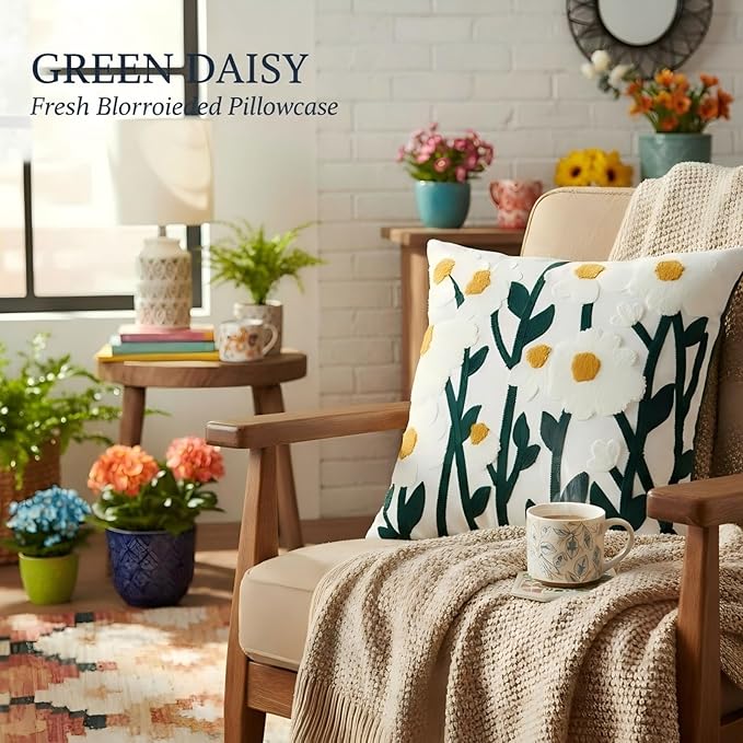 18x18 Embroidered Throw Pillow Cover – Green Daisy Floral Cotton Decorative - Image 5