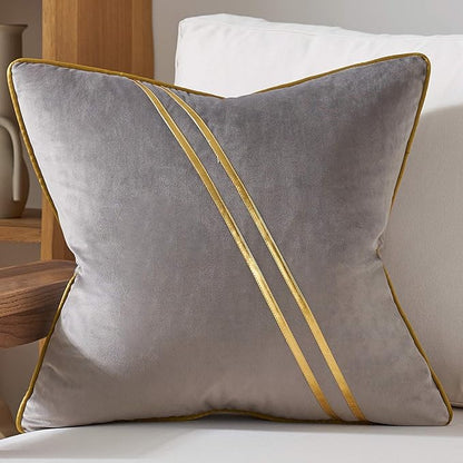 Avigers 18 x 18 Inch Gray Gold Leather Striped Lines Velvet Cushion Case Luxury by Avigers