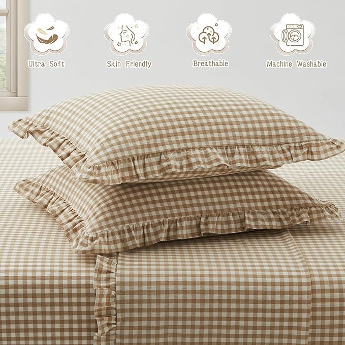 KKJIAF 2 Pcs Plaid Ruffle Pillow Case King Size, Cotton Gingham Ruffled Euro - Image 5
