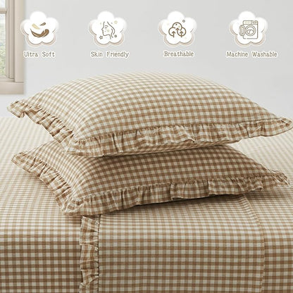 KKJIAF 2 Pcs Plaid Ruffle Pillow Case King Size, Cotton Gingham Ruffled Euro - Image 5