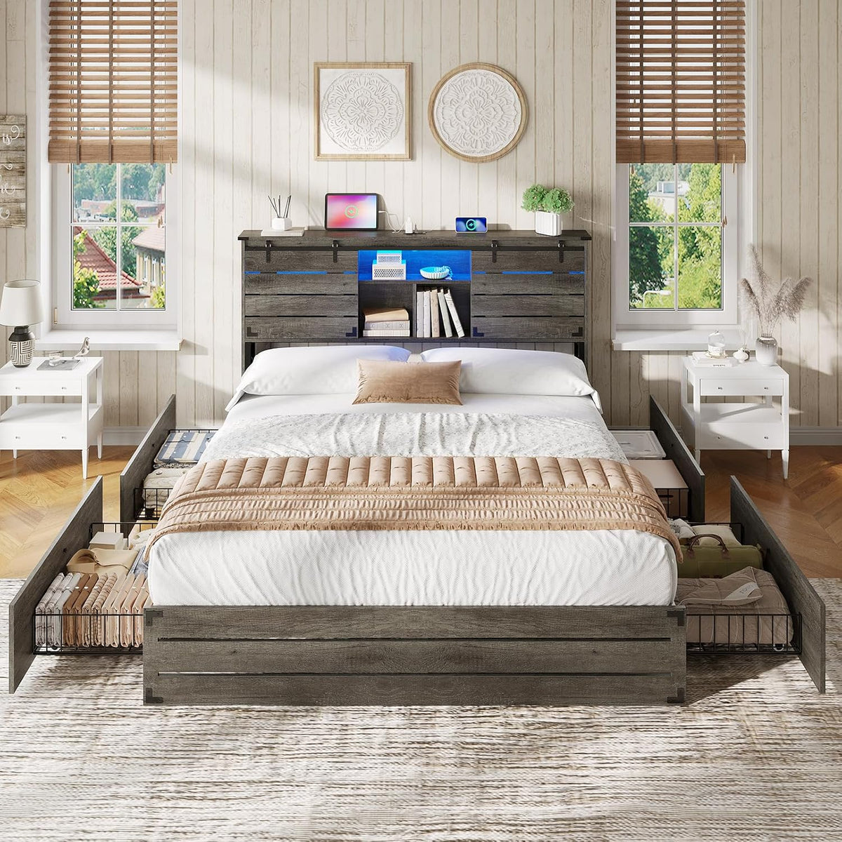 viagdo wooden bed frame queen size with bookcase on a desk or shelf