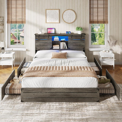 viagdo wooden bed frame queen size with bookcase on a desk or shelf