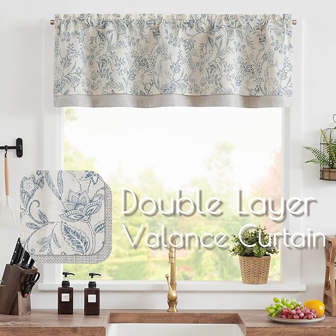 jinchan Linen Valance Curtain Farmhouse Floral Printed Small Window Curtain - Image 2