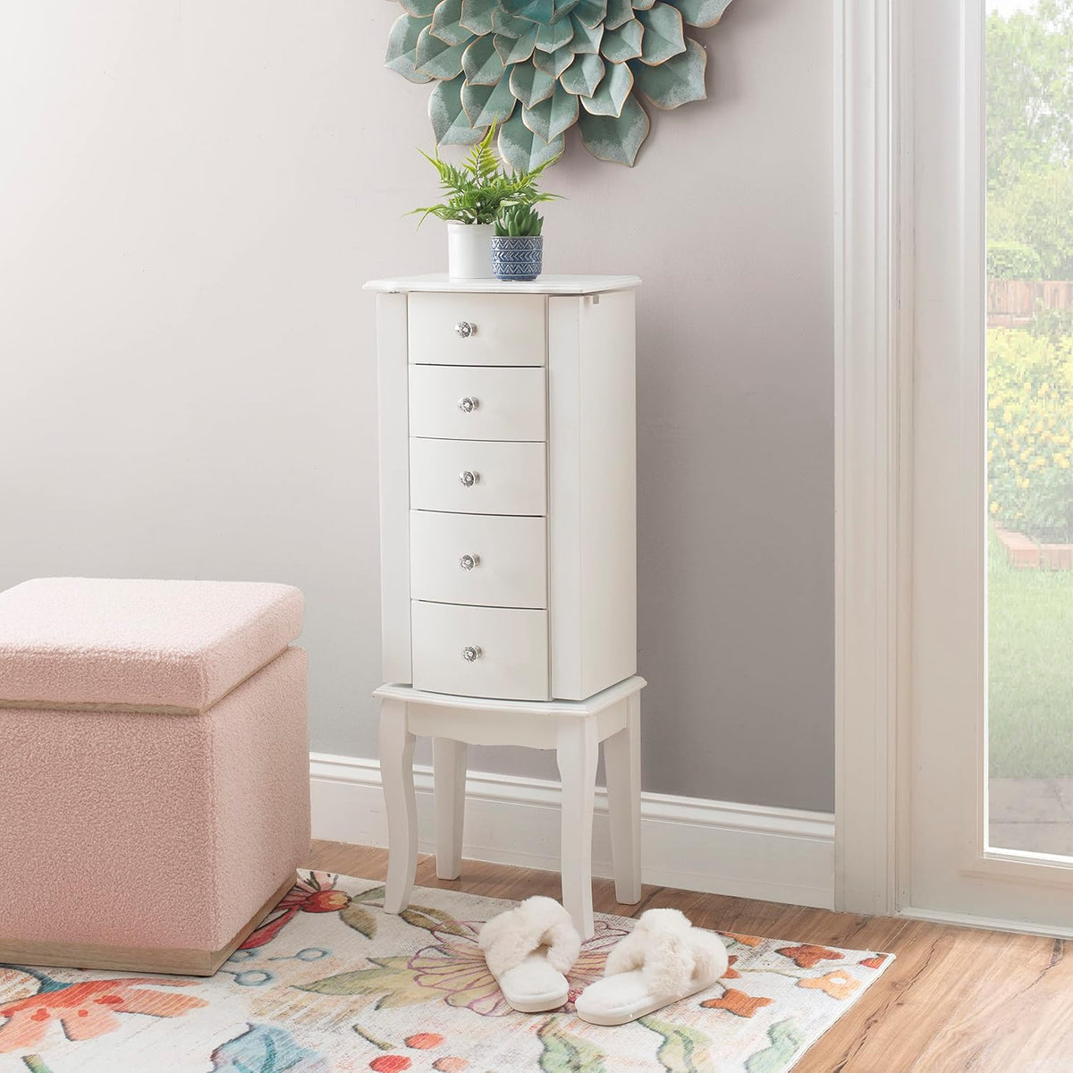 powell furniture jewelry armoire, white, 13"x 9.375"x 35.5", close-up detail