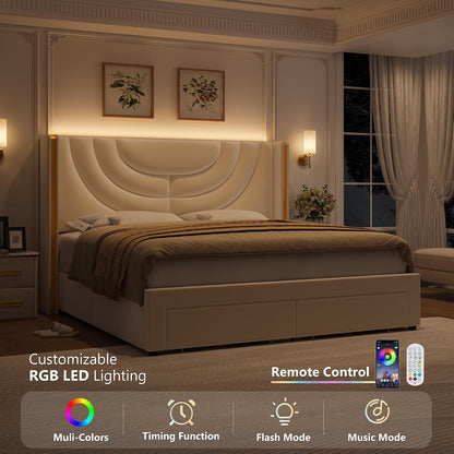 hithos queen upholstered platform bed frame, led storage, close-up detail