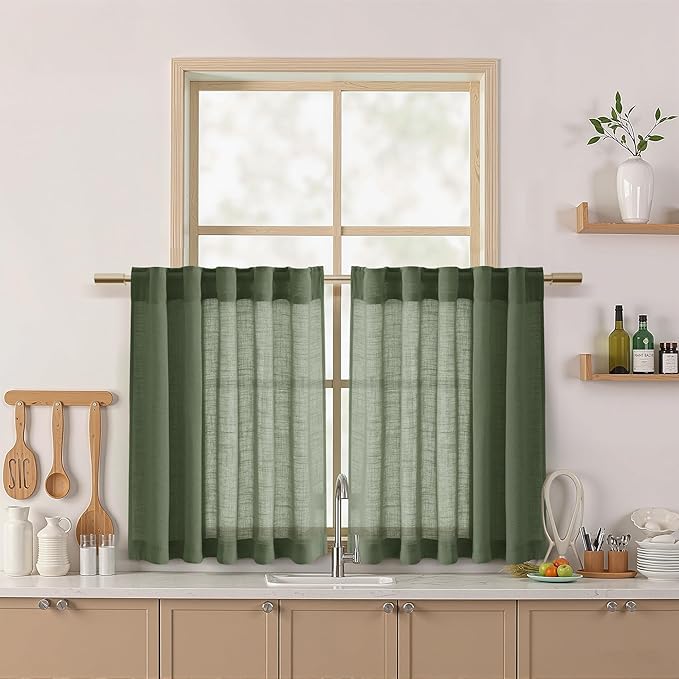 Nanspring Linen Kitchen Curtains 30 Inches Long 2 Panels Olive Green Semi Sheer by Nanspring
