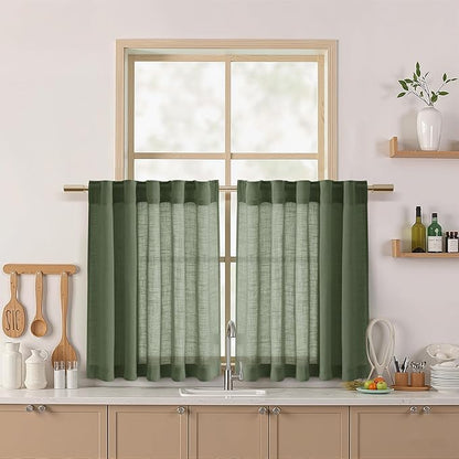 Nanspring Linen Kitchen Curtains 30 Inches Long 2 Panels Olive Green Semi Sheer by Nanspring
