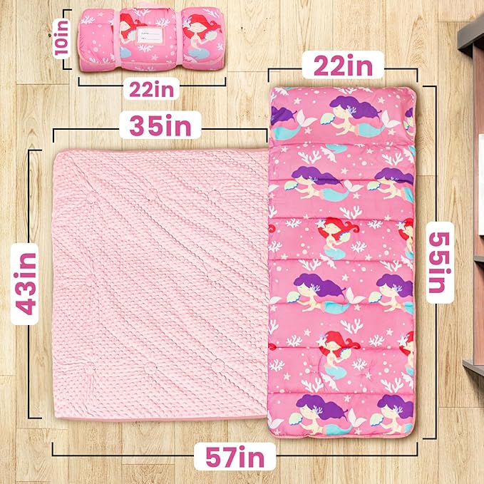 Toddler Nap Mat with Pillow and Minky Blanket, Large 55"x35" Sleeping Bag - Image 2