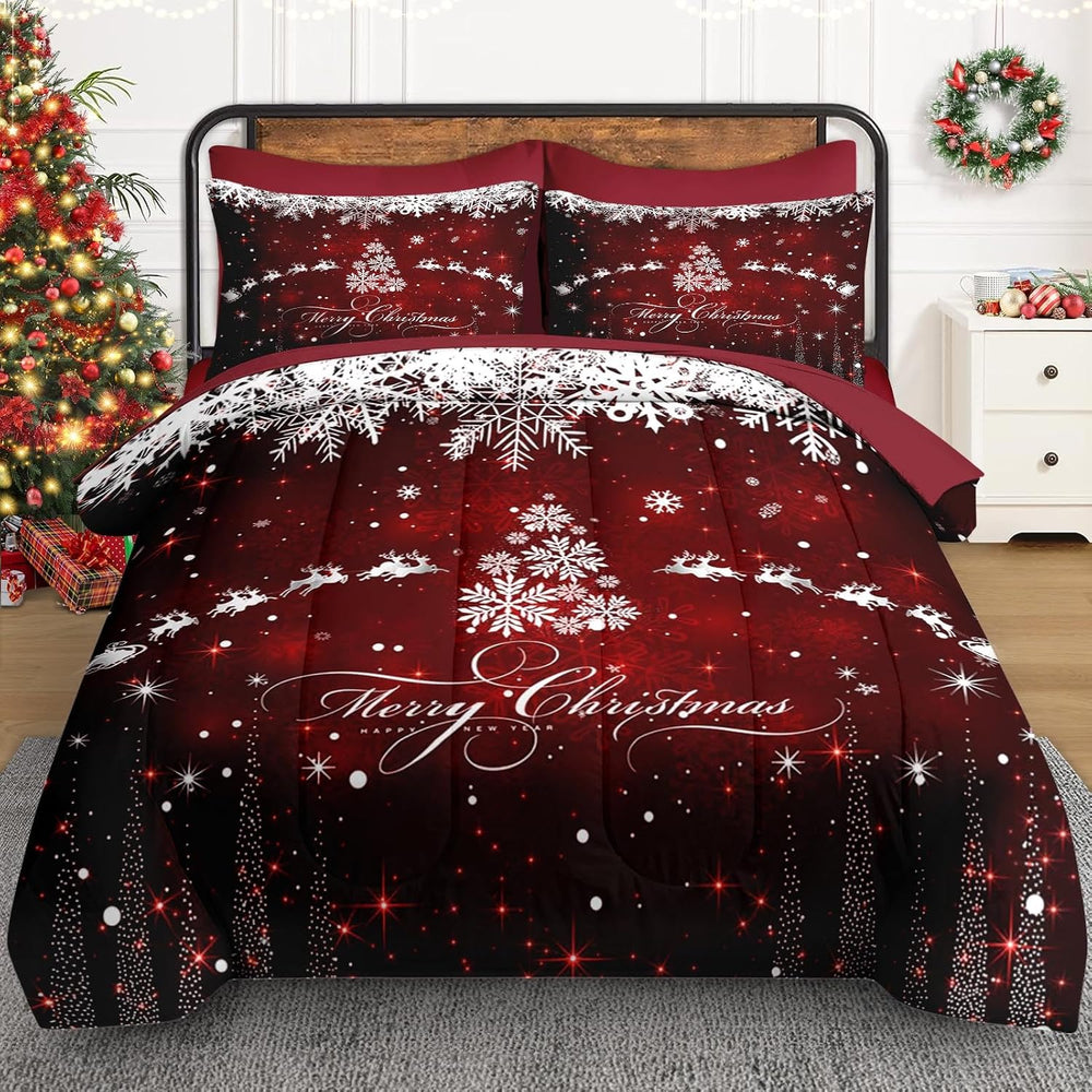 WeCozy Queen Christmas Comforter Set with Sheets, 7 Pieces Dark Bedding