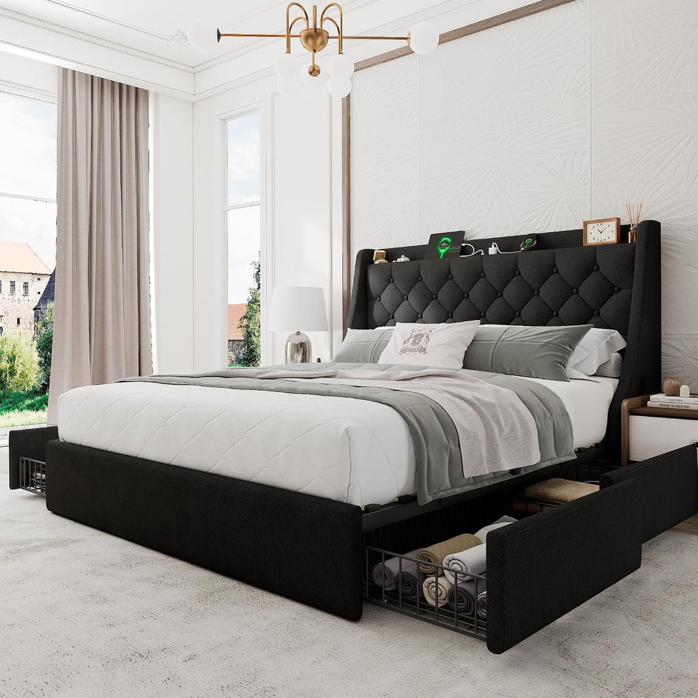 Einhomn Queen Bed Frame with 4 Storage Drawers, Upholstered Modern Bed Frame ...